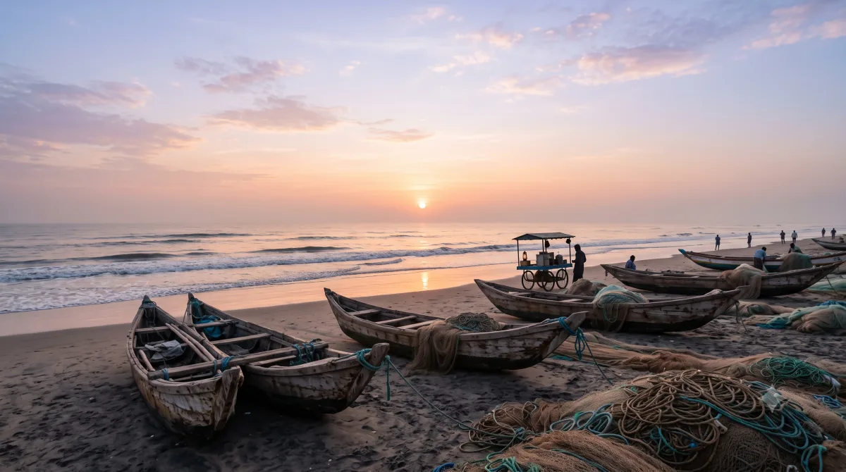 AI-generated sample of a person on a beach at sunrise beside wooden fishing catamarans and nets