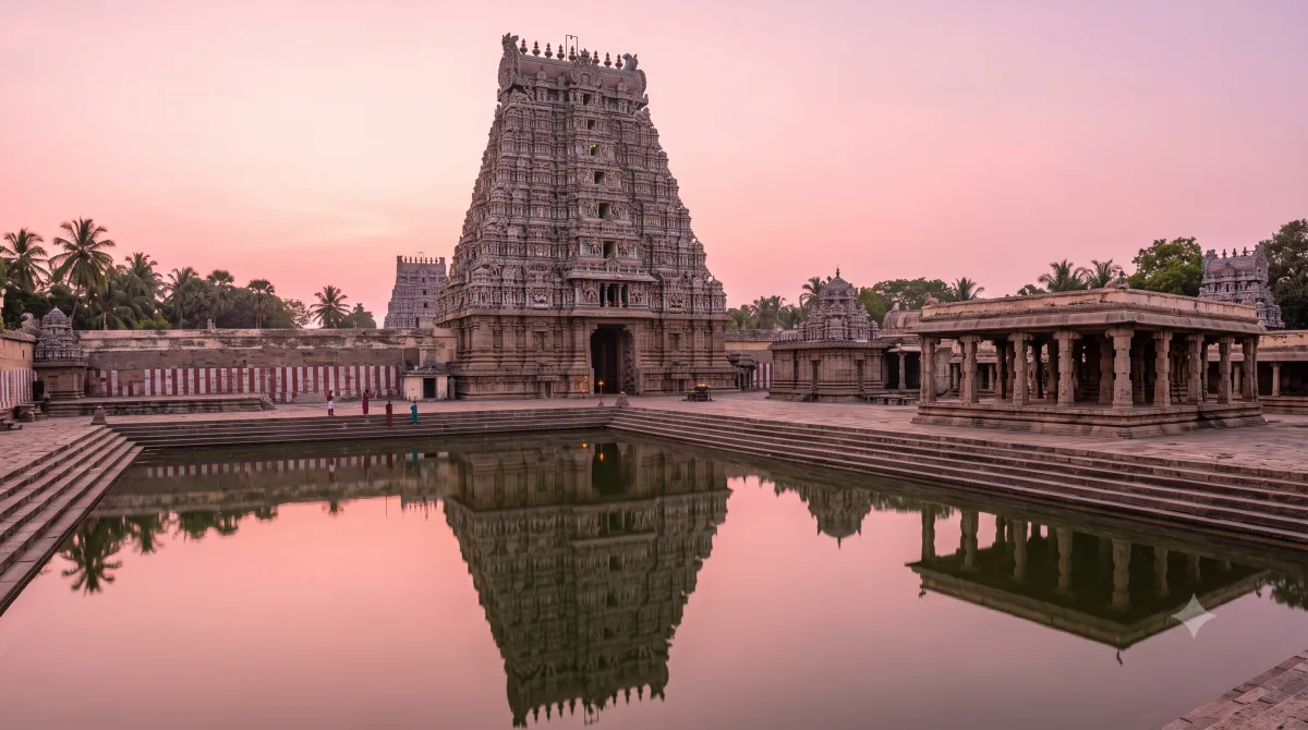 AI-generated sample of a person before a Dravidian temple tower with a lotus tank at dawn