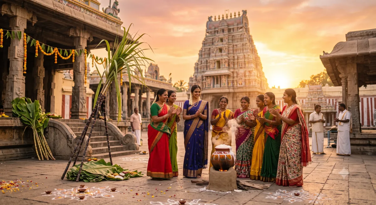 AI-generated sample of a person in a courtyard watching a Pongal pot boil over