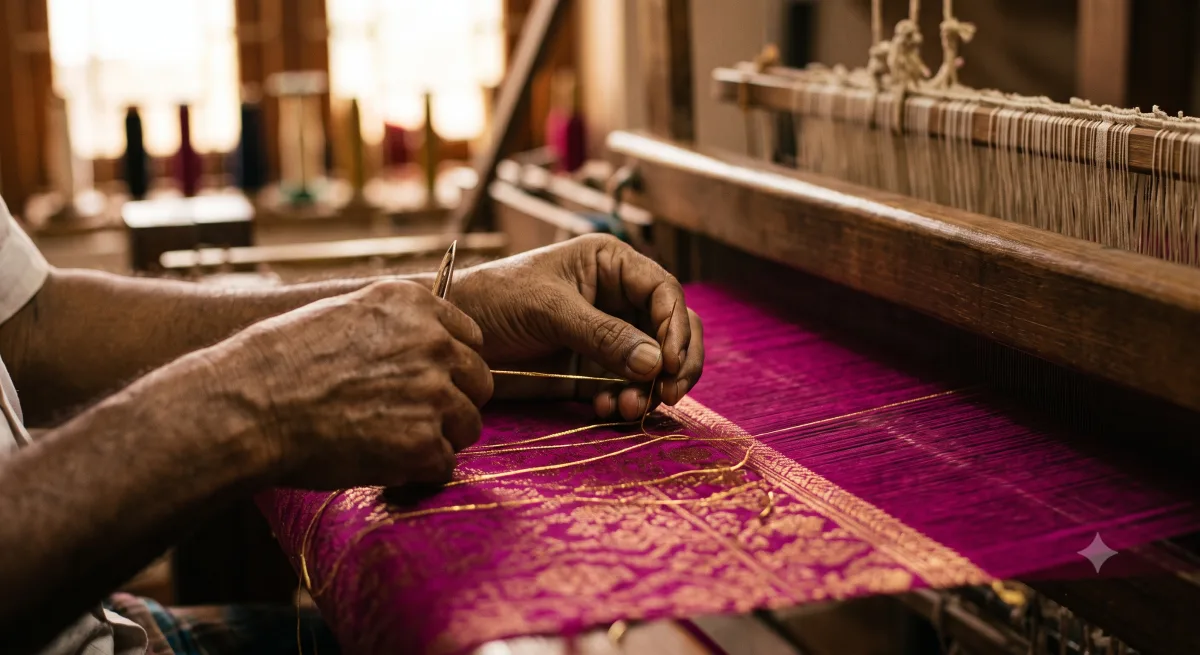 AI-generated sample of a weaver at a wooden handloom threading gold zari into magenta silk