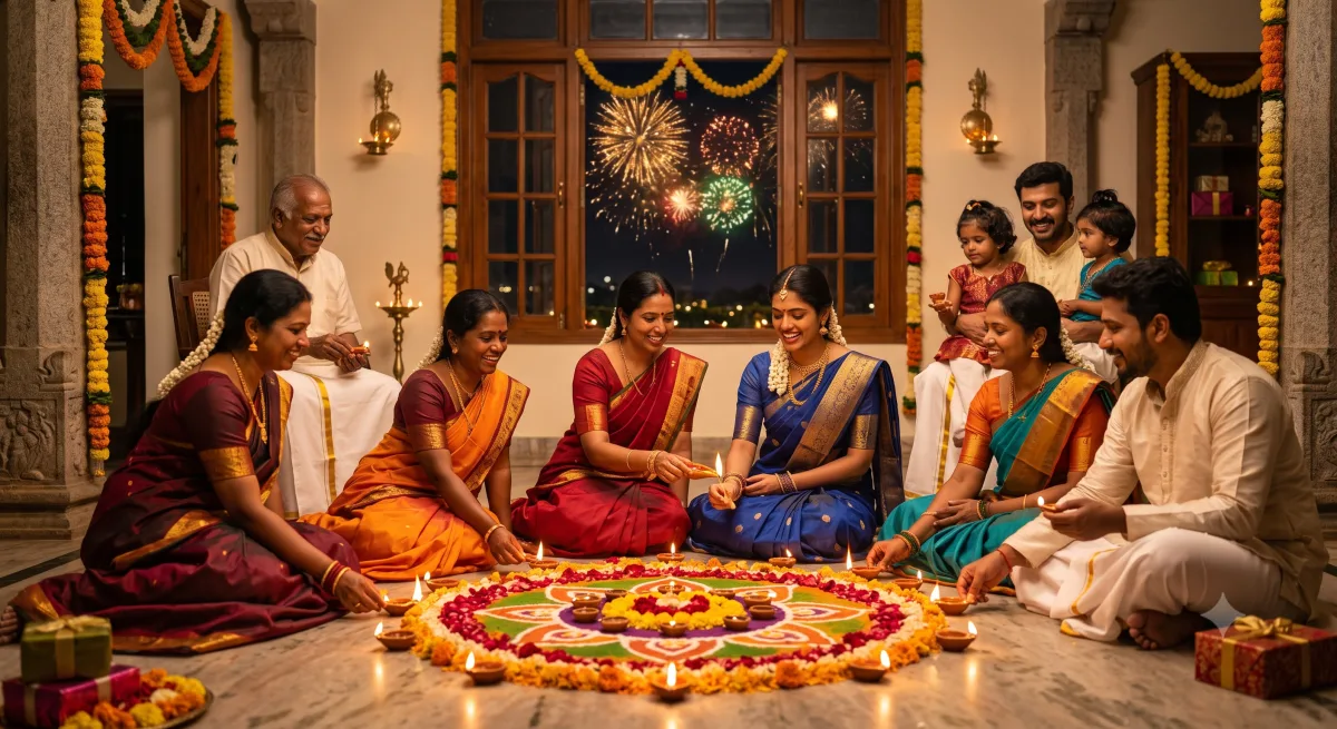 AI sample of a family lighting Diwali lamps