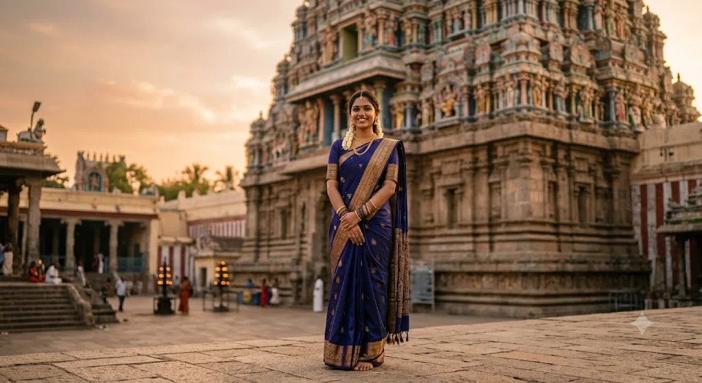 Portrait in traditional clothes in front of a temple gopuram